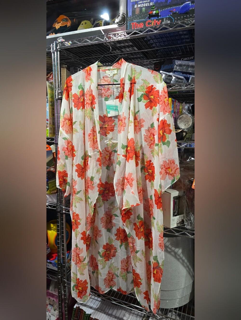 New Medium Umgee White Sheer Floral Kimono with Red and Green Print